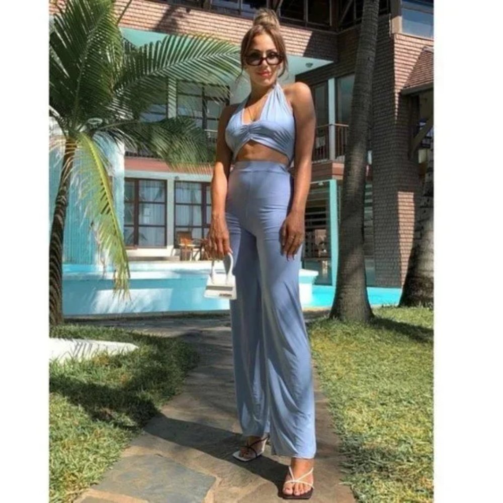 Blue Sleeveless Halter Neck Crop Top and High Waist Wide Leg Pants Two Piece Set - Picture 5 of 16
